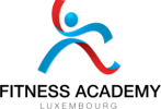 Logo de Fitness Academy Luxembourg (FITAC) représentant une figure humaine stylisée bleue et rouge en mouvement au-dessus du texte d'en-tête « Fitness Academy Luxembourg. fitness academy luxembourg par david blondiau